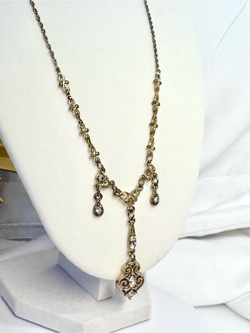 1928 Vintage Downton Abbey Gold-Tone Filigree Drop Necklace with Clear Crystals